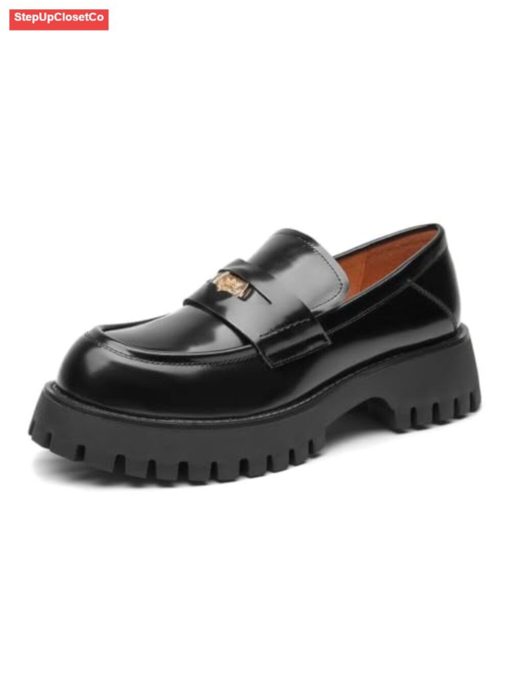 BEAU TODAY Chunky Loafers Patent Leather Platform Lug Sole Slip On Penny Shoes